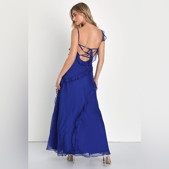 Lulu’s Tier Desire Cobalt Blue Tiered Ruffled Slit Chiffon Lace-Up Maxi Dress S - Picture 3 of 8